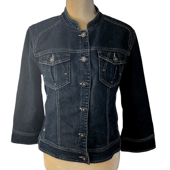 Chicos Platinum Jean Denim mandarin collar Silver Button Down Jacket Size 1 8/10 - Picture 1 of 8